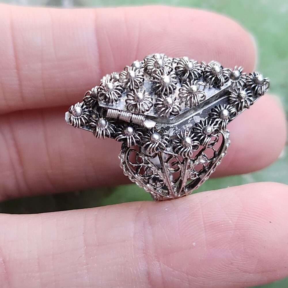 Vintage Etruscan Poison Ring filigree sz 8 800 Silver Gothic whimsigoth Fairy - Picture 12 of 12